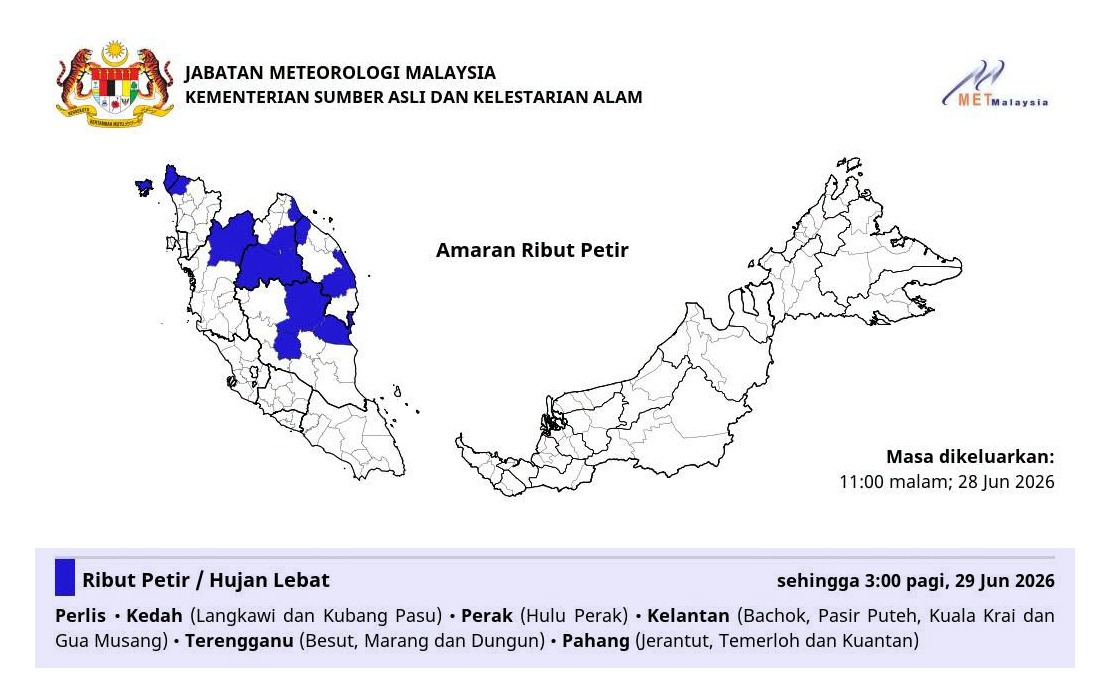 MetMalaysia Warns of Severe Weather Across Six States Through Early Morning