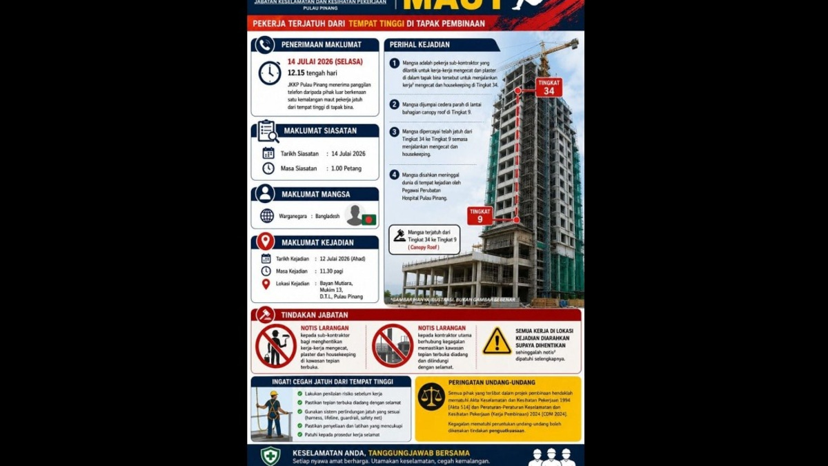 Penang DOSH Investigates Fatal Fall of Bangladeshi Worker at High-Rise Construction Site
