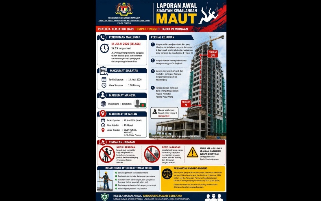 Penang DOSH Investigates Fatal Fall of Bangladeshi Worker at High-Rise Construction Site
